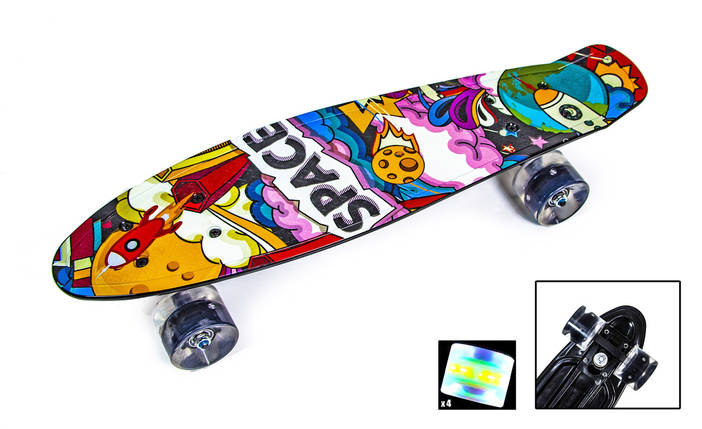 Багатофункціональний трюковий Penny Board Space с принтом Світні PU колеса. Міцний , легкий, безшумний, міський, фото 1