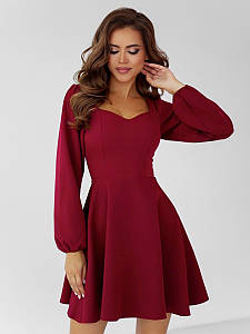 Романтичне коктейльне жіноче плаття з довгим рукавом, бордове