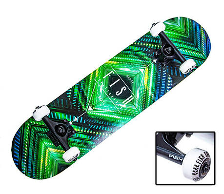 Безшумний, трюковий Скейтборд дерев'яний 7 шарів канадського клена Fish skateboard Green Rhombus Зелений ромб, фото 1