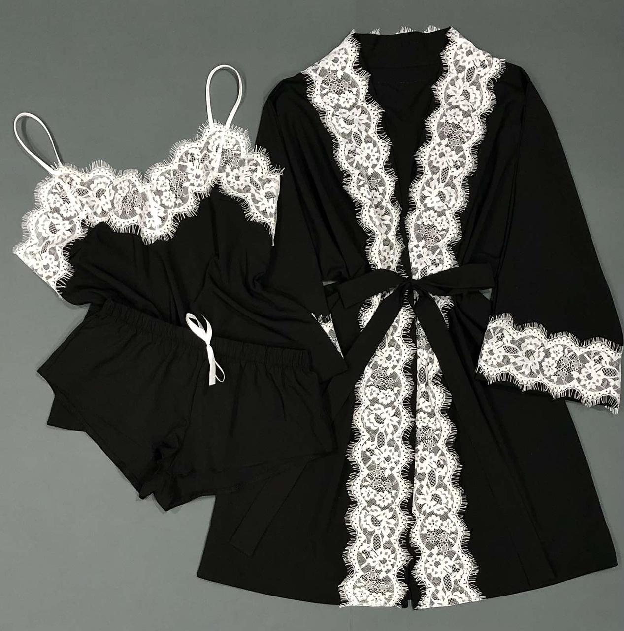Халат і піжама, чорний комплект із білим мереживом
