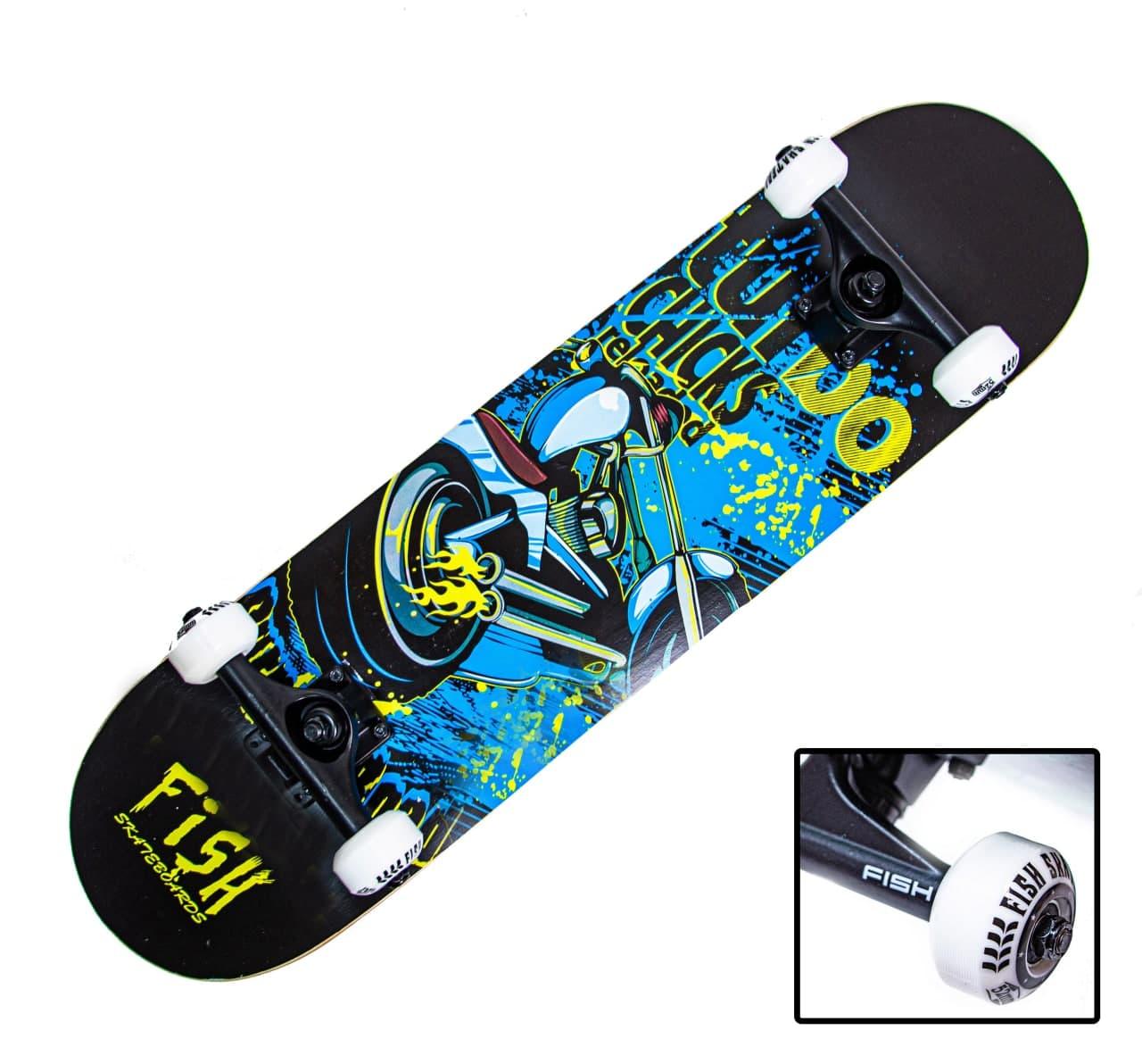 Скейтборд дерев'яний 7 шарів канадського клена від fish skateboard "Turbo"  трюковий , дека Double Kick