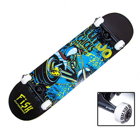 Скейтборд дерев'яний 7 шарів канадського клена від fish skateboard "Turbo" трюковий , дека Double Kick, фото 1