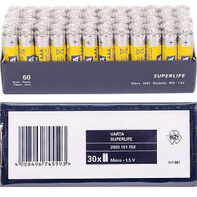 Батарейки мініпальчикові "Varta", розмір AAA, тип Superlife R03 ZnCb, у спайці 4 шт.