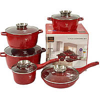 Набор посуды с гранитным, набор кастрюль с антипригарным покрытием на 14 предметов Higer Kitchen НК305 Красный