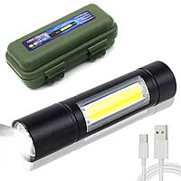 Фонарик ручной аккумуляторный, 2в1, USB, BL-1501 (ВL-510) XPE+COB / Карманный фонарь с боковой лампой и кейсом