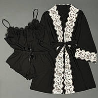 Халат и пижама , черный комплект с кружевом