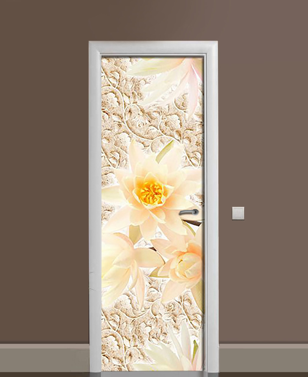 Наклейка на двері Кремовий лотос Ліпнина вінілова плівка з ламінацією 60*180 см Абстракція Бежевий, фото 1