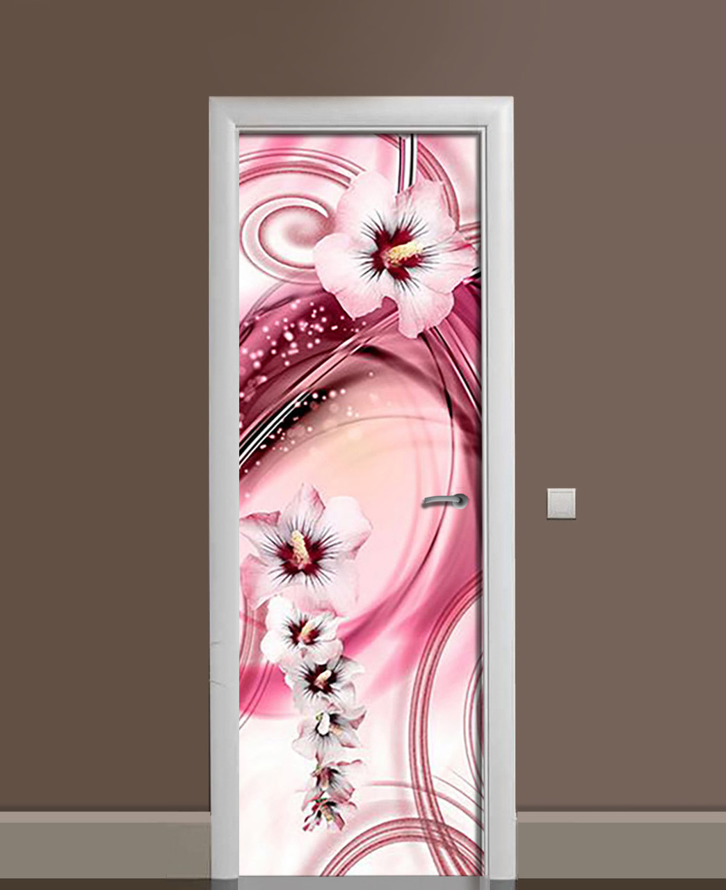 Декоративна наклейка для дверей Багряні Гібіскуси вінілова плівка з ламінацією 60*180 см Абстракція Рожевий, фото 1