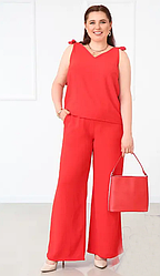Жіночий брючний костюм кльош літній однотонний, великого розміру  52, червоний, блакитний, чорний, хакі