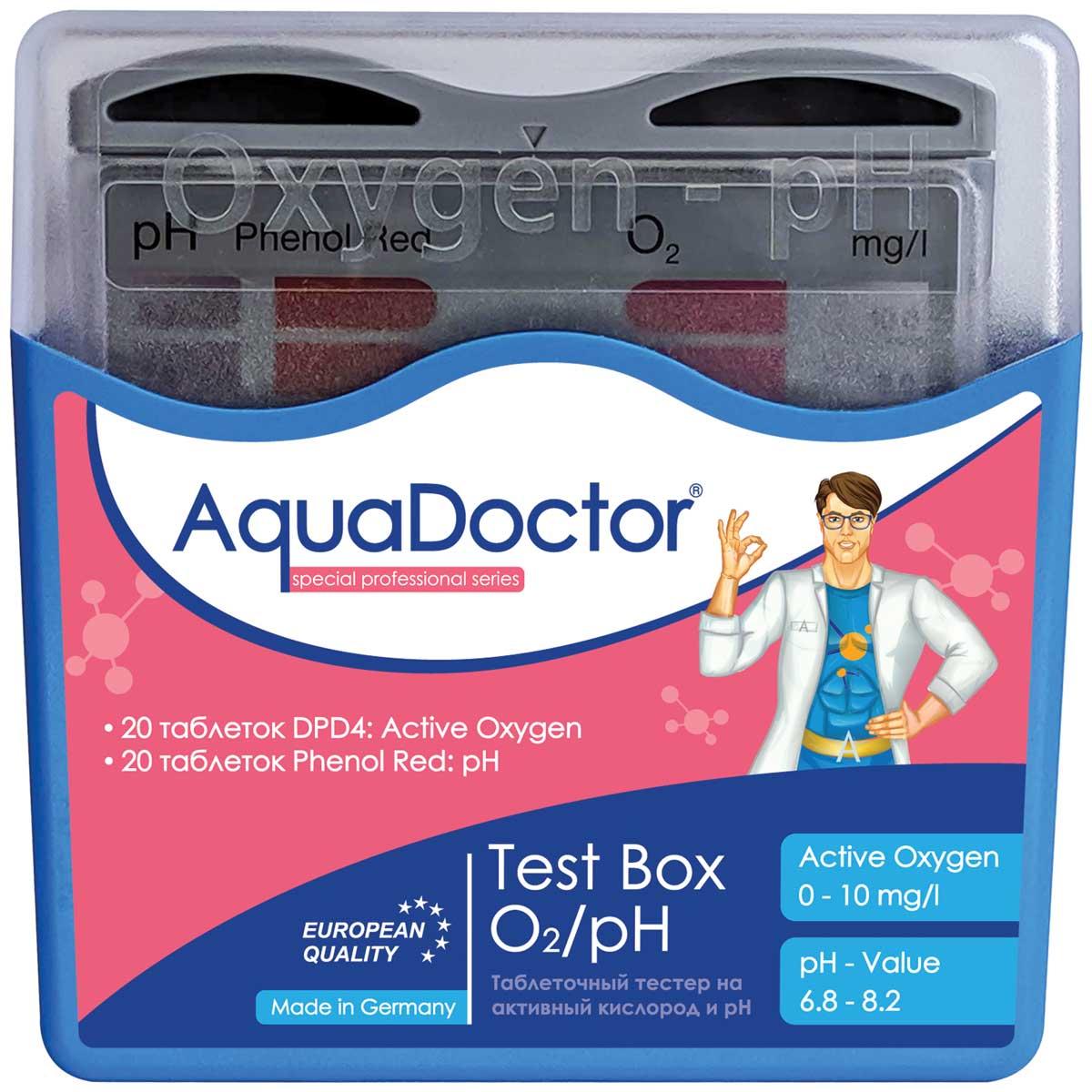 Тестер Аквадоктор таблетки для вимірювання показників води O2 і PH AquaDoctor Test Box, 20 тестів Німеччина