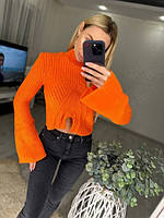 Стильный оригинальный тёпленький женский свитер с клешёнными рукавами Турция Вязка 42-48 Цвета 4 Оранж