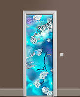 Интерьерная наклейка на двери Бирюзовые Бабочки Неон виниловая пленка с ламинацией 65*200см Абстракция Голубой