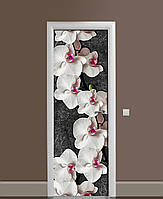 Наклейка на двери Живые 3Д Орхидеи на темном фоне виниловая пленка с ламинацией 65*200см цветы Белый