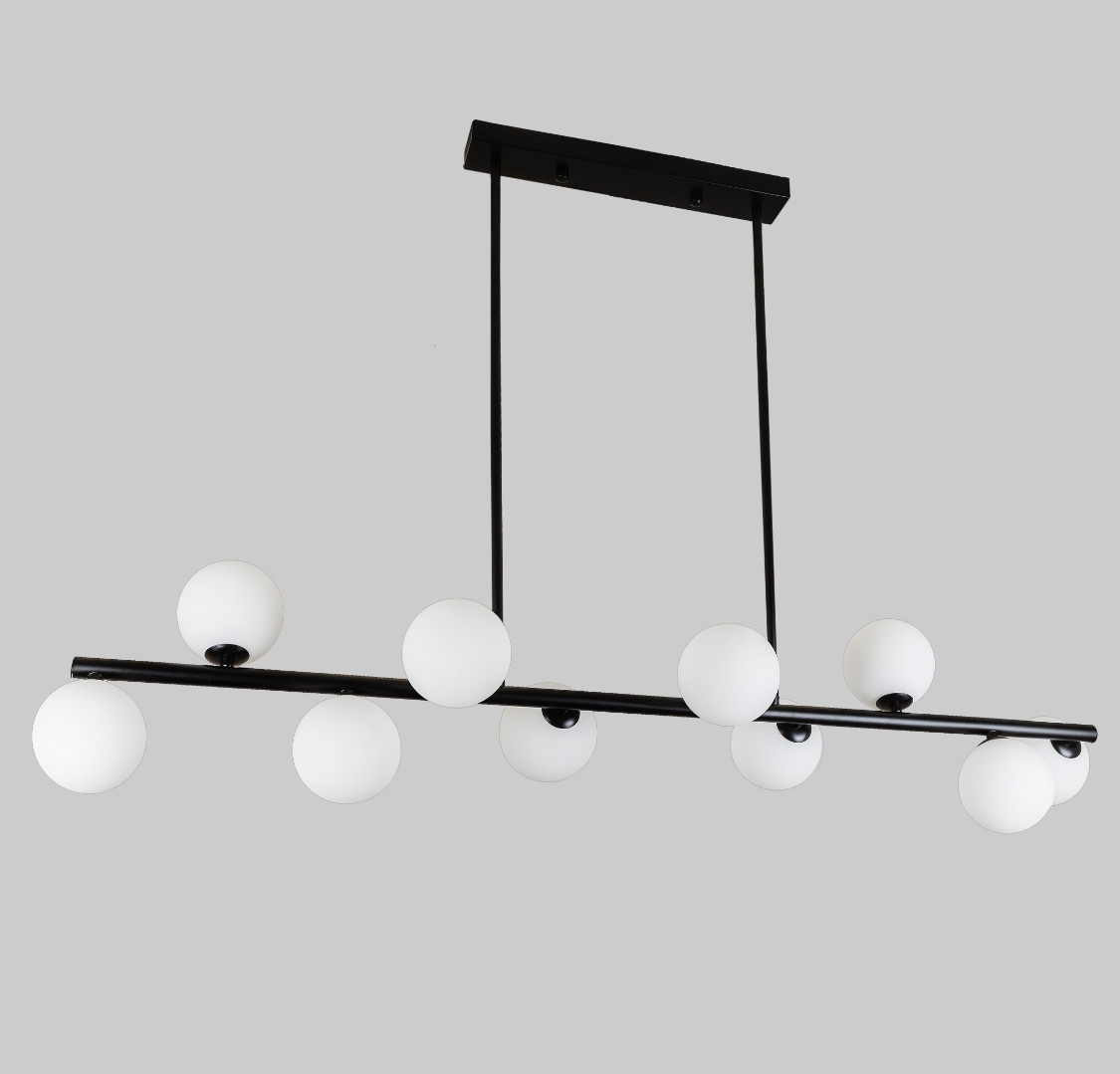 Чорна довга люстра на 10 ламп з білими кулями (61-J2023-10 BK+WH)