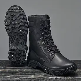 Берці шкіряні військові демісезонні Бізон Чорні, Армійські високі черевики з натуральної шкіри на шнурках