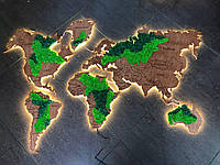 Деревянная карта мира 1,5х0,95 м. со стабилизированным мхом с подсветкой