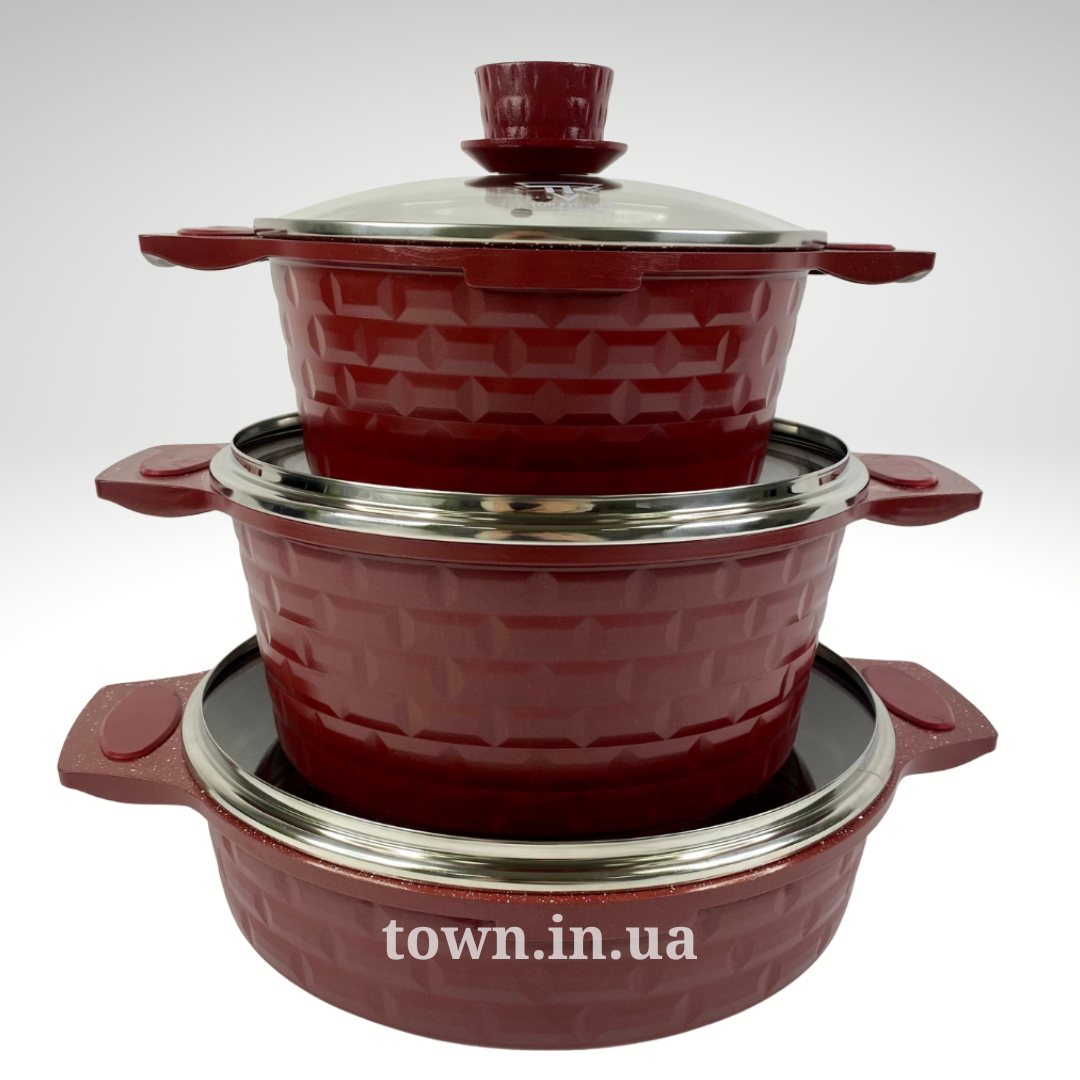Набір каструль із гранітним антипригарним покриттям Top Kitchen 00033, Набір посуду каструлі з кришками 3 шт