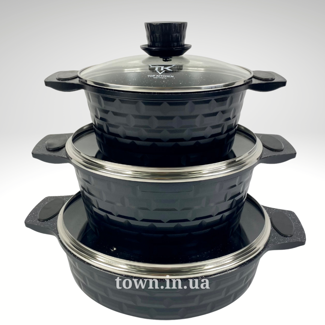 Набір каструль із гранітним антипригарним покриттям Top Kitchen 00033, Набір посуду каструлі з кришками чорний
