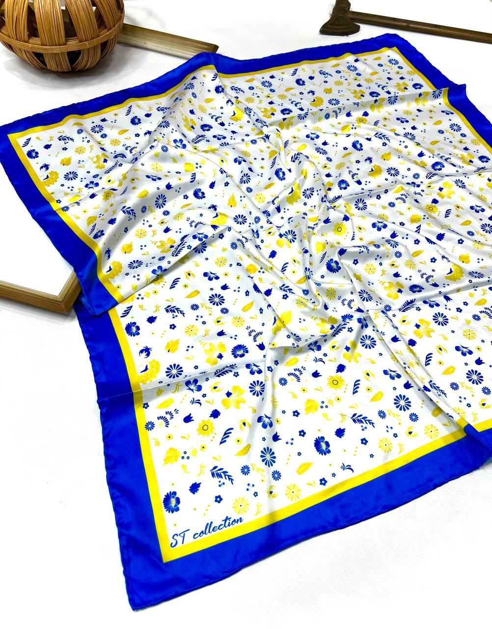 Шовкова хустка патріотична Квіти 90*90 см біла з синьо-жовтим ручна обробка краю