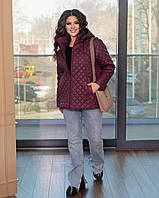 Женская демисезонная куртка из плащевки в больших размерах с капюшоном и карманами вишневий, 48-50