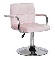 Стілець із підлокітниками Arno CH-Base рожевий оксамит із регулюванням висоти, кругла хромована опора, фото 3