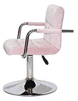 Стілець із підлокітниками Arno CH-Base рожевий оксамит із регулюванням висоти, кругла хромована опора, фото 4