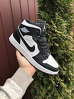 Мужские кожаные кроссовки Nike Air Jordan черный, белый, кожа. высокие баскетбольные кроссы найк аир джордан