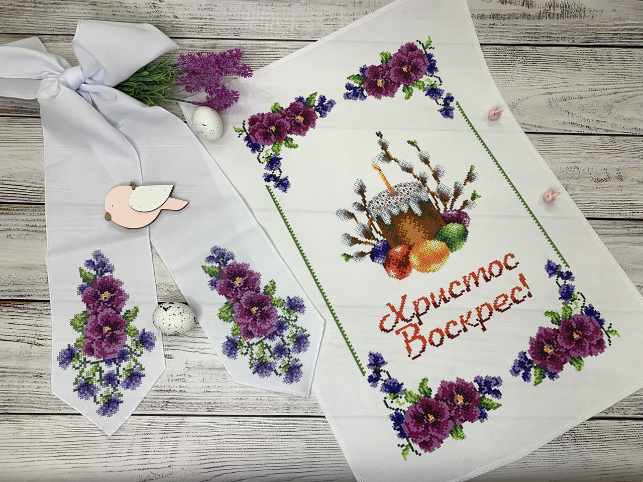 Набір для вишивання бісером Великоднійрушник 30х45 см і бант 12х140 см. Габардин, фото 1