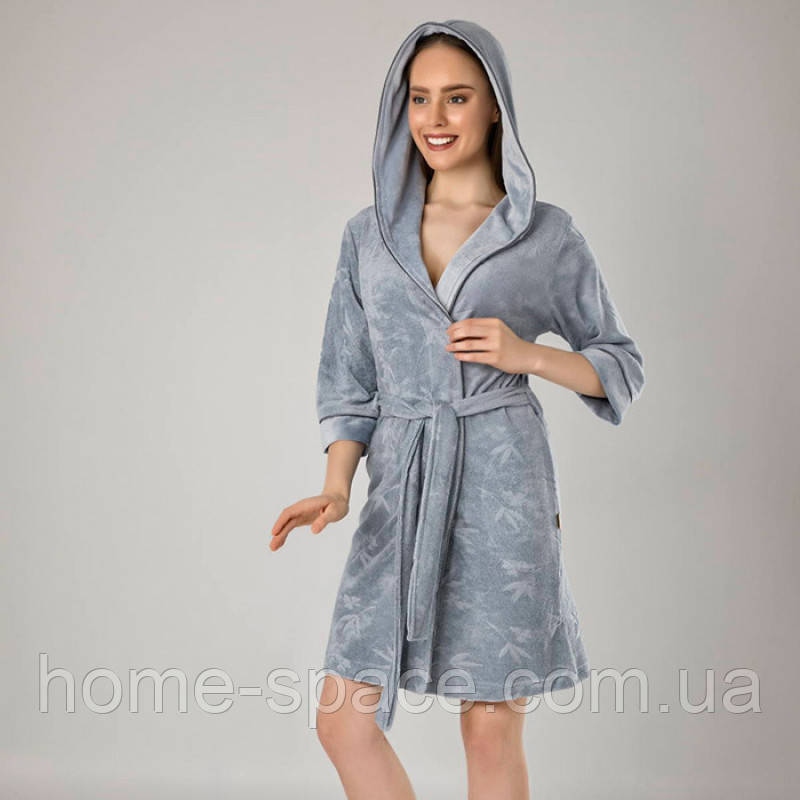 Махровий домашній жіночий натуральний халат на запах з мереживом короткий, розмір S, M, колір сірий, Nusa