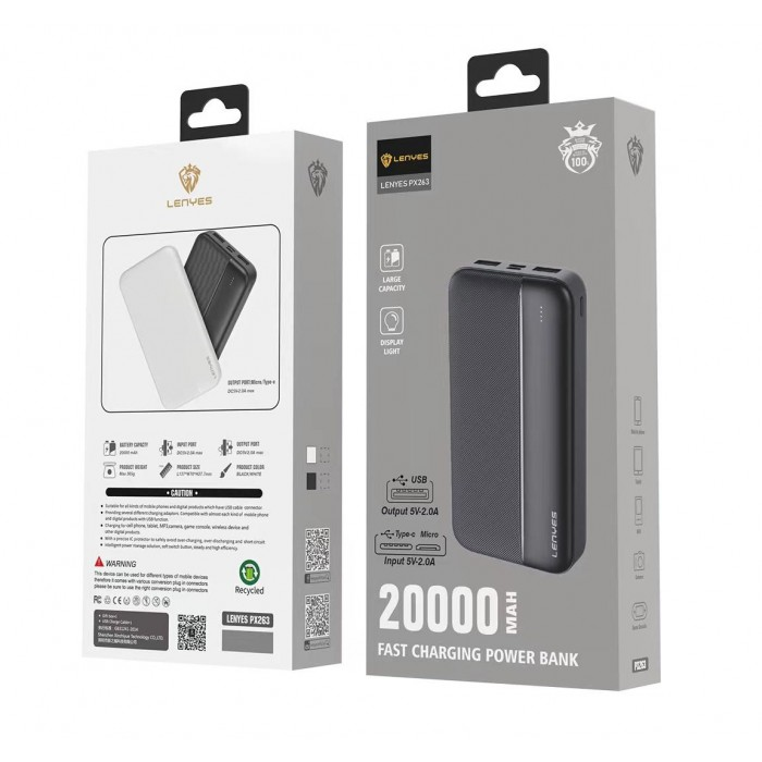 Зовнішній акумулятор повербанк power bank Lenyes PX263 20000 mAh компактний універсальний на 2 входи Чорний