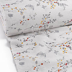 Тканина жатка (гофре) шириною 240 см "Гілочки та сірі метелики" на блідо-сірому, №4495