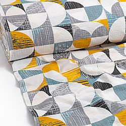 Тканина жатка (гофре) шириною 240 см "Жовто-сірі круги із сегментами", №4496