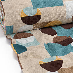 Тканина жатка (гофре) шириною 240 см "Бірюзово-бежеві круги та прямокутники", №4497