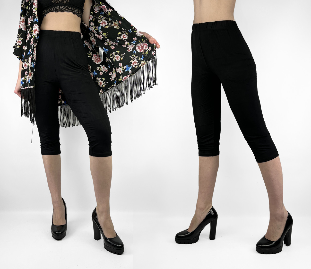 Жіночі трикотажні бриджі 6XL-8XL Капрі чорного кольору з поясом на гумці