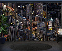 Шторы панельные с 3D принтом на тему: Вид из окна на ночной город с небоскребами