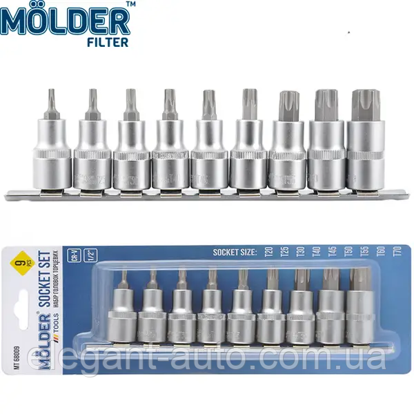 Набір головок з бітою зірка 9од.TORX 1/2" 55мм T20-Т700 "Molder" (МТ68009) (5шт/уп)