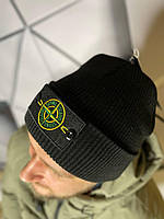 Шапка Stone Island черная с желто - зеленым патчем | Мужская стильная шапка Стон Айленд