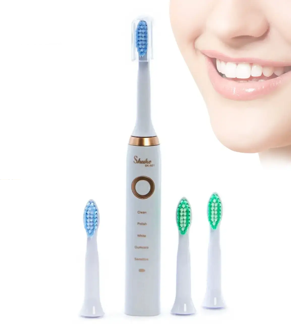 Електрична зубна щітка акумуляторна щітка для зубів з 4 насадки Біла Shuke SK601