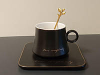 Кружка (чашка) керамічна з квадратним блюдцем та чайною ложкою «Автобіографія» | 180мл | чорна
