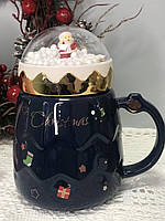 Кружка керамическая с крышкой |чашка подарочная "Рождественское чудо" | 350мл | синяя
