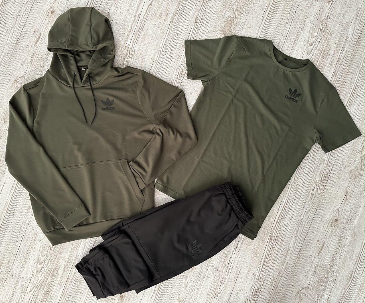 Чоловічий спортивний костюм Adidas 3в1 хакі ⁇ Комплект Адідас Худі + Штани + Футболка