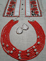 Украинское традиционное авторское красное ожерелье ручной работы из бисера "Шелесты"
