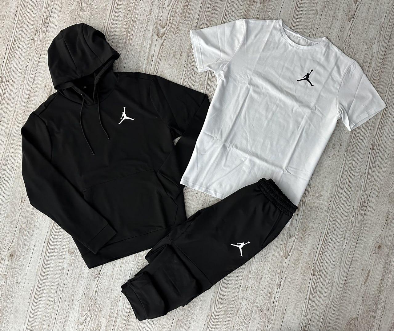 Чоловічий спортивний костюм Jordan 3в1 чорний з білим ⁇ Комплект Джордан Худі + Штани + Футболка