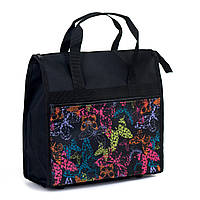 Молодежная женская сумка шоппер черного цвета с ярким принтом бабочки городская для покупок повседневная
