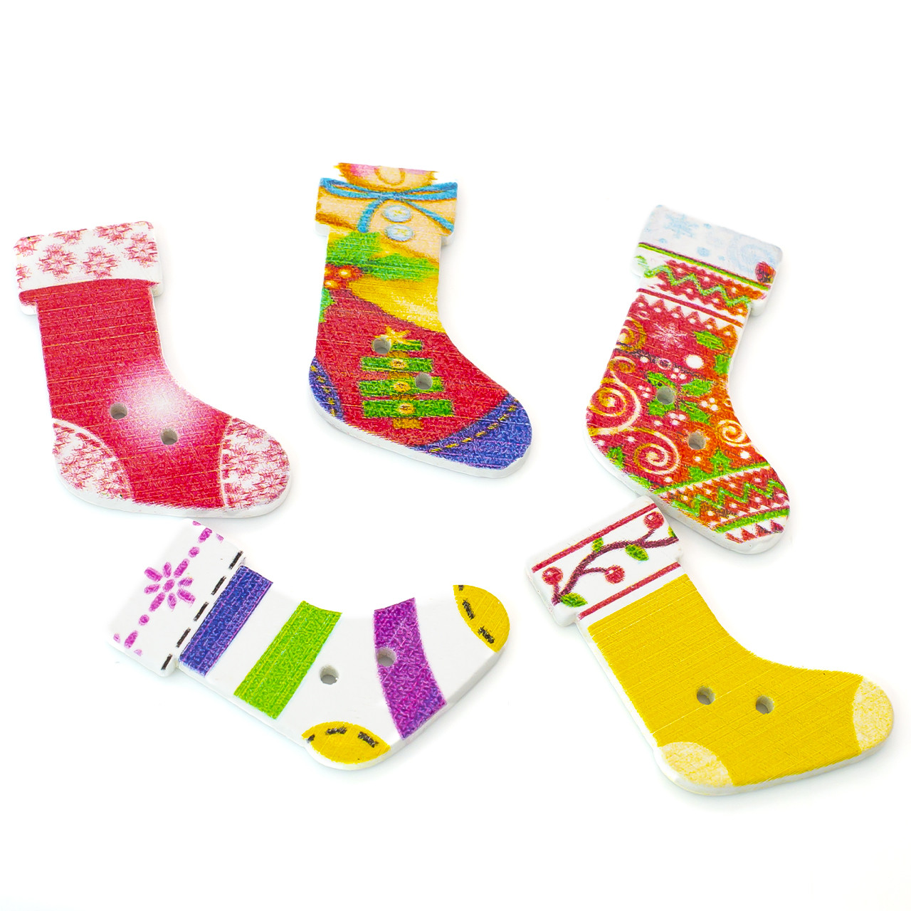 Ґудзики фігурні Новорічна шкарпетка дерев'яні 30х24 мм 15 шт. Різнокольоровий, фото 1