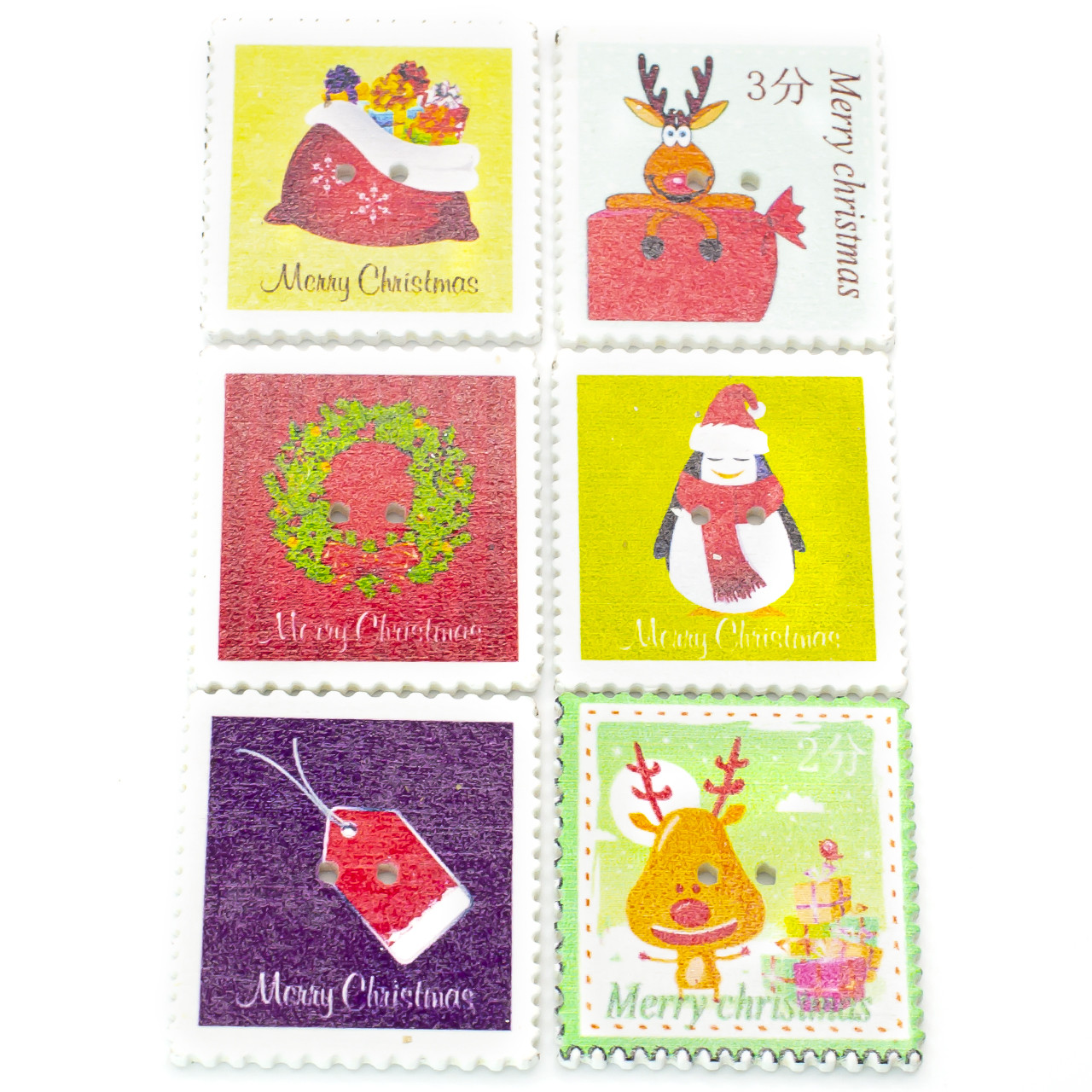 Ґудзики з новорічним принтом Марки дерев'яні 33х31 мм 10 шт. Різнокольоровий, фото 1