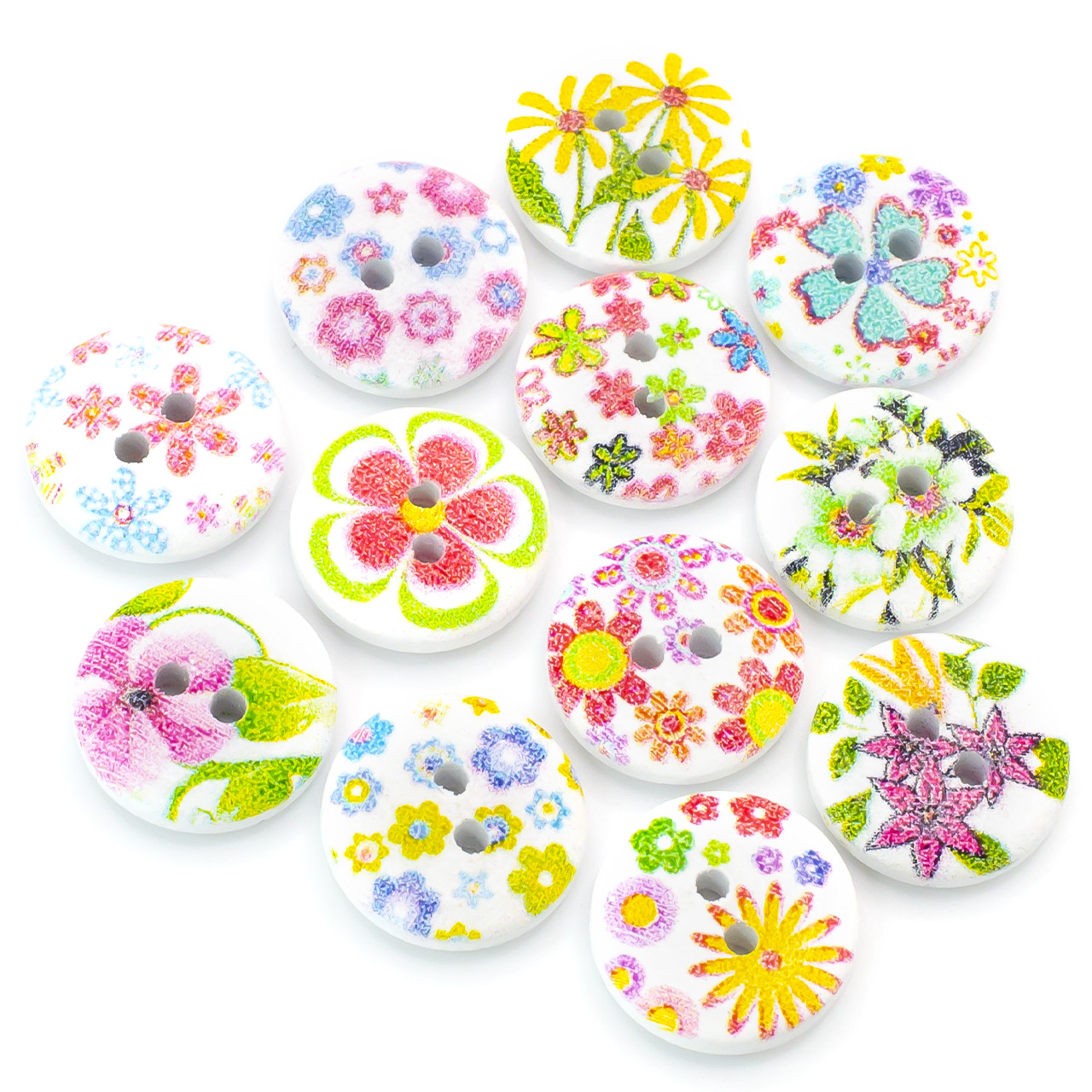 Ґудзики дерев'яні круглі з квітковим принтом 13 мм 30 шт. Різнобарвний, фото 1