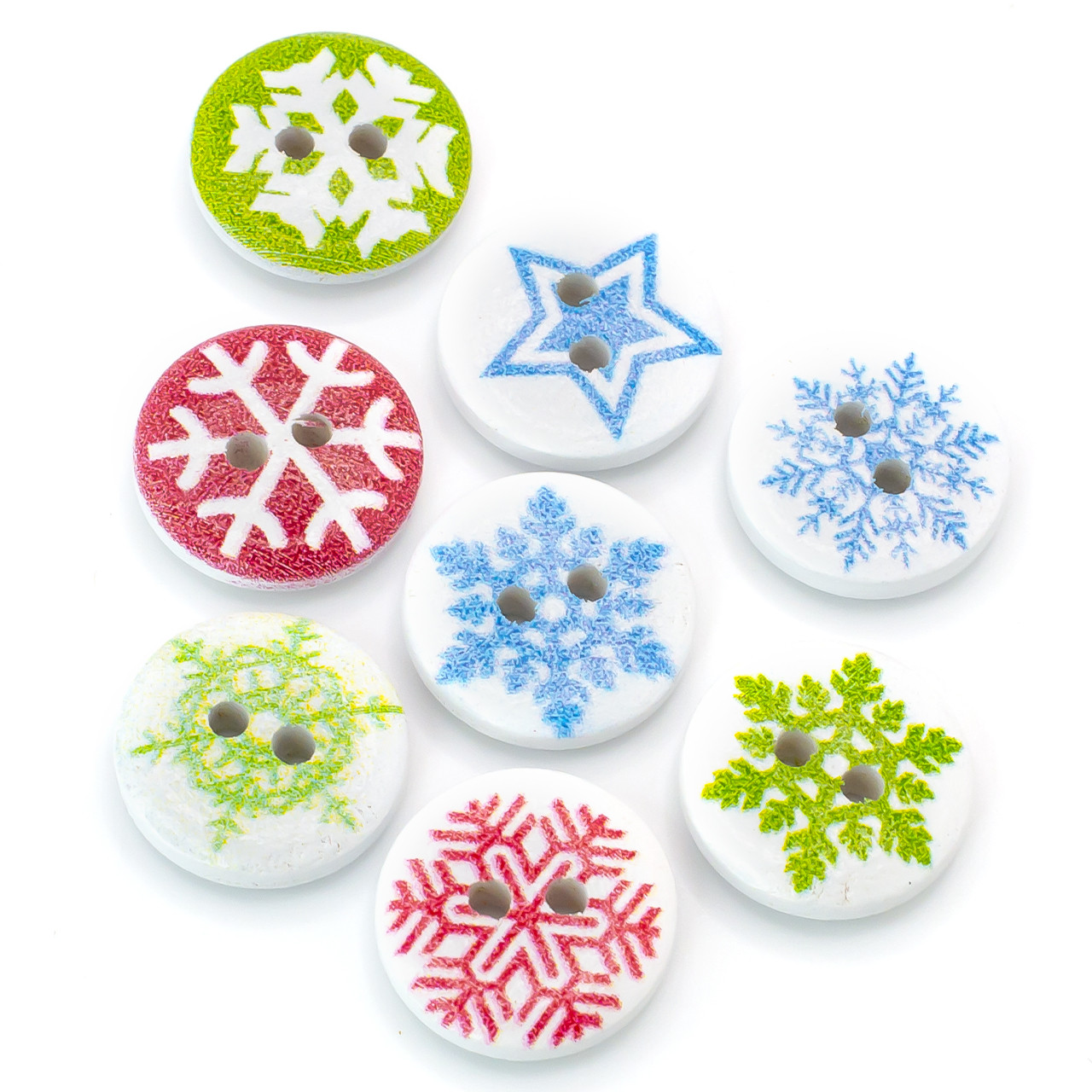 Ґудзики дерев'яні з принтом Сніжинка круглі 15 мм 30 шт. Різнокольоровий, фото 1