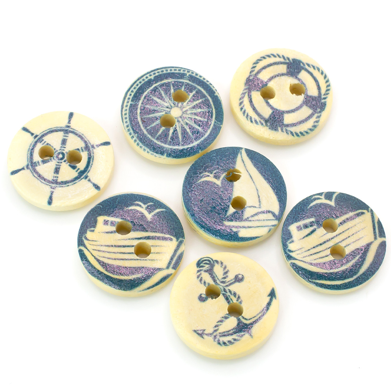 Ґудзики круглі дерев'яні з морським принтом 15 мм 30 шт. Різнобарвний, фото 1