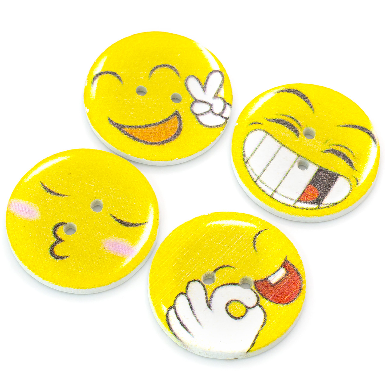 Ґудзики дерев'яні з принтом Смайлики круглі 25 мм 15 шт. Різнокольоровий, фото 1